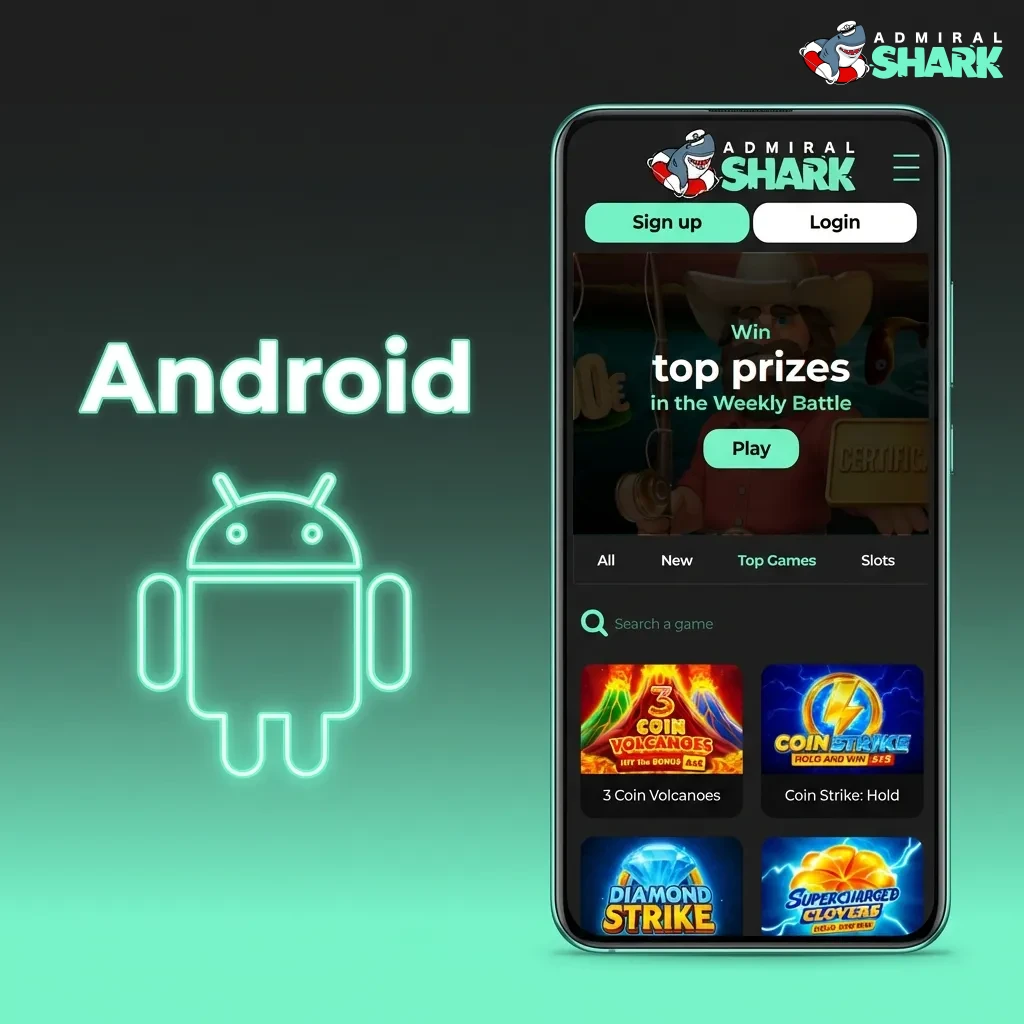 Android app download and installation steps for Admiral Shark, showing APK installation process on smartphone