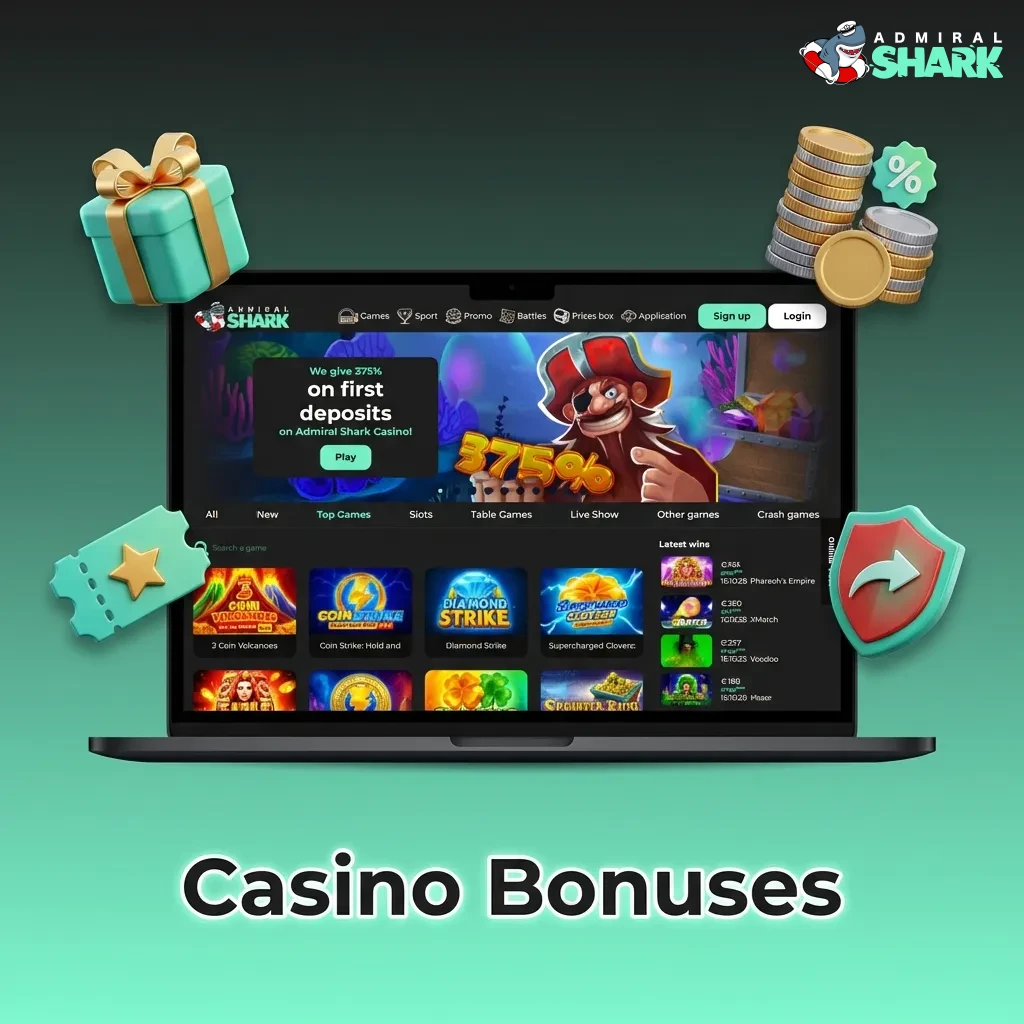 Admiral Shark casino bonuses including slots bonus, live casino bonus, free spins offer, and cashback bonus for players