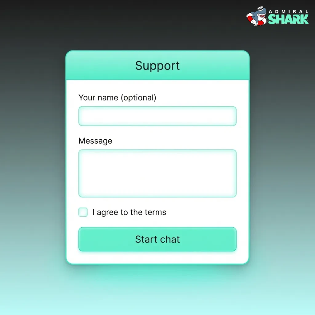 Admiral Shark customer support contact options including 24/7 live chat, email, phone, Telegram, and FAQ section