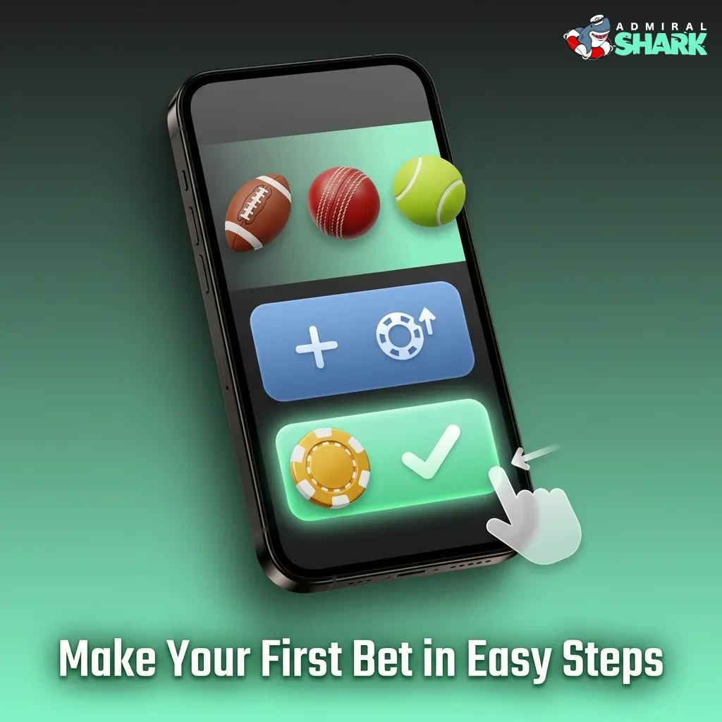 Admiral Shark sportsbook interface showing step-by-step betting process from login to placing your first wager