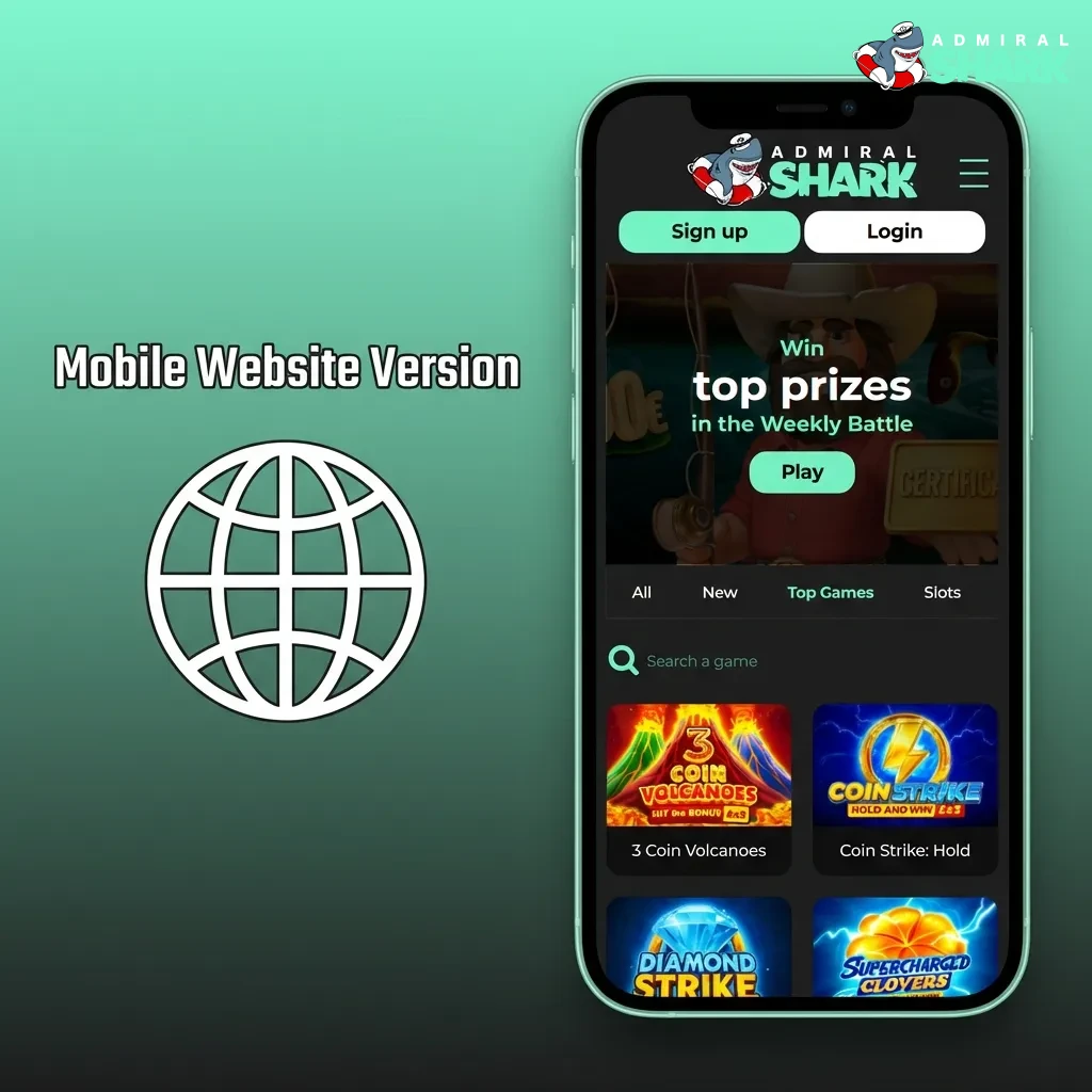 Admiral Shark mobile site on smartphone showing betting interface accessible via browser without download
