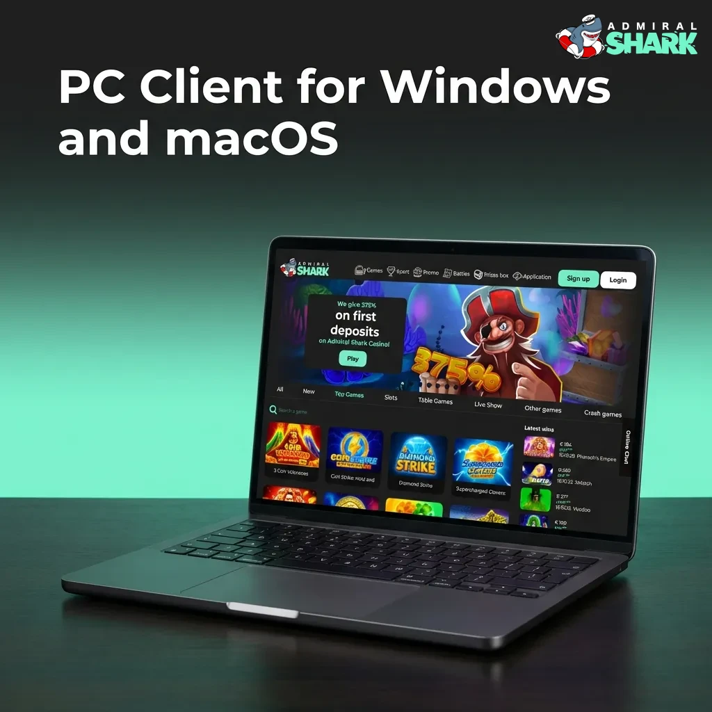 Admiral Shark website displayed on Windows and macOS computers showing betting and casino gaming interface