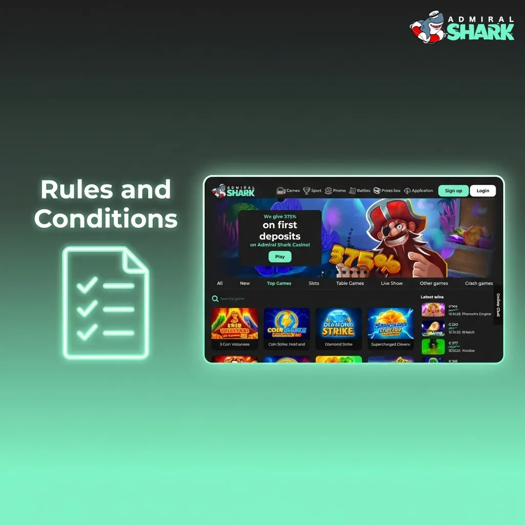 Admiral Shark's Terms & Conditions page showing account rules, bonus policies, and withdrawal procedures for UK players.