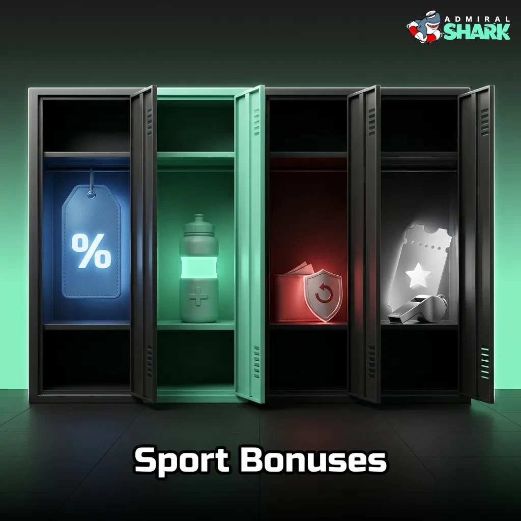 Admiral Shark sports betting bonuses displayed including welcome offer, cricket special, accumulator bonus, and bet insurance.