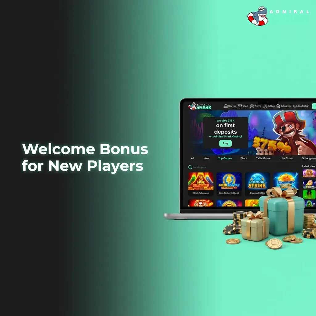 Admiral Shark welcome bonus table showing 200% casino bonus up to £1,000 with deposit and wagering requirements for new players