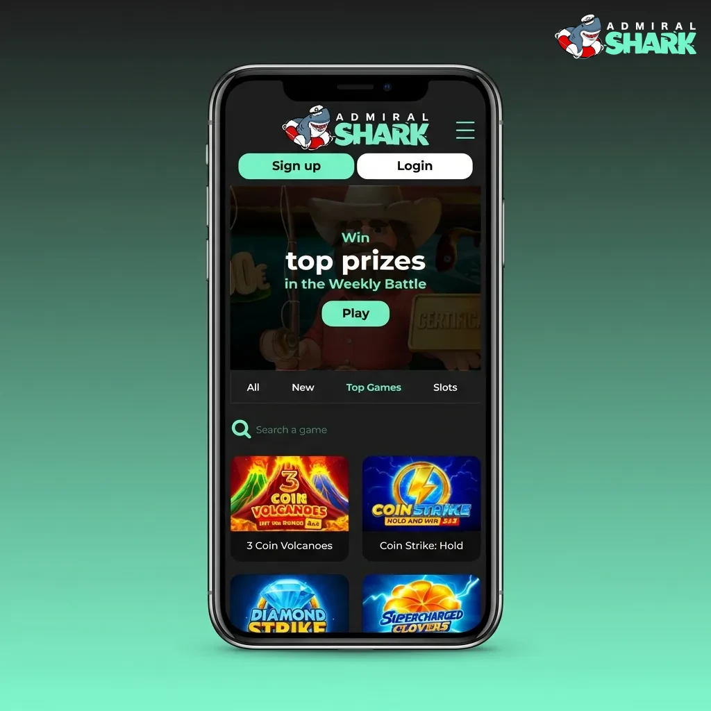 Admiral Shark app interface showing bottom navigation tabs for sports, casino, and account sections with quick game search