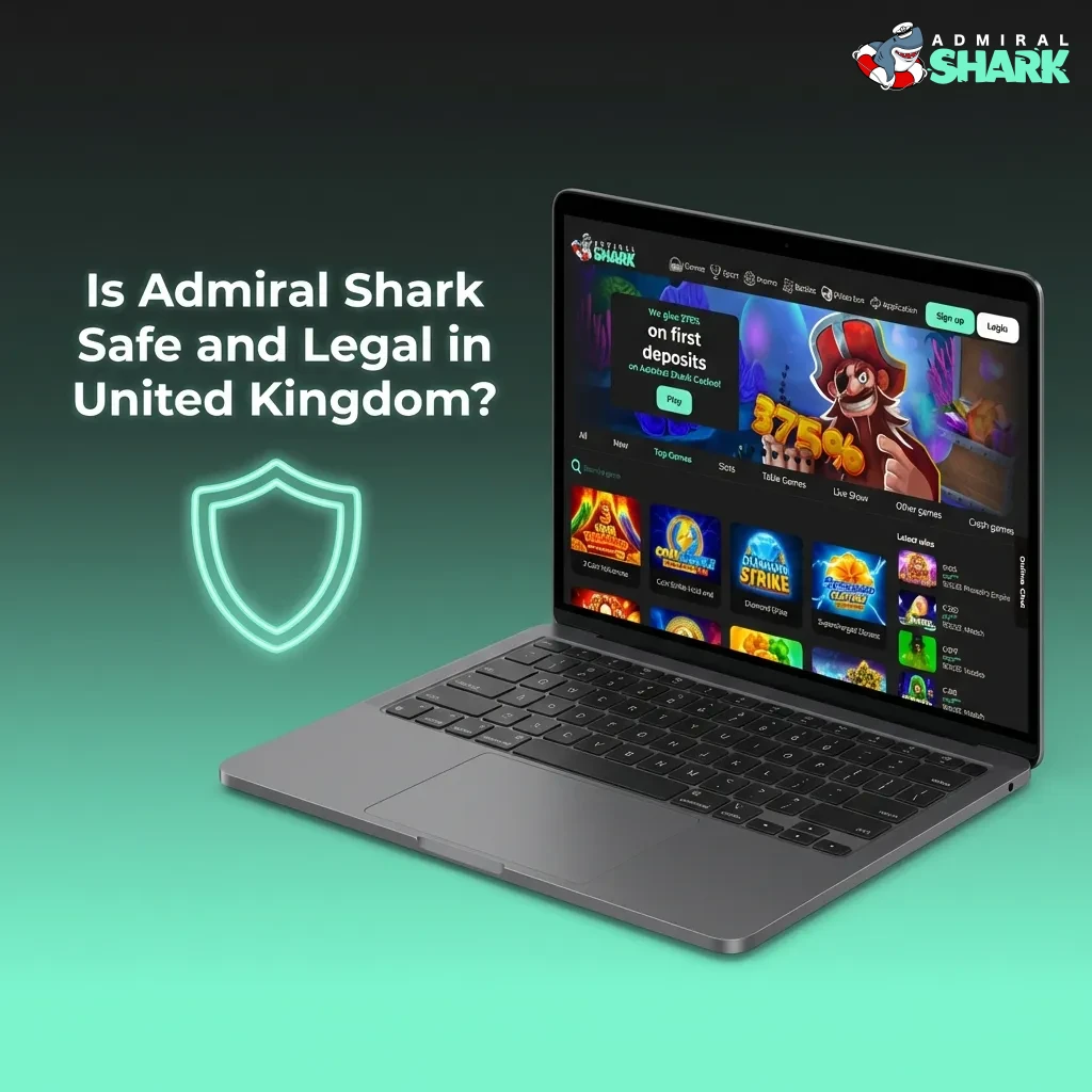 Admiral Shark casino platform displaying Curaçao license badge and SSL security icon for UK players