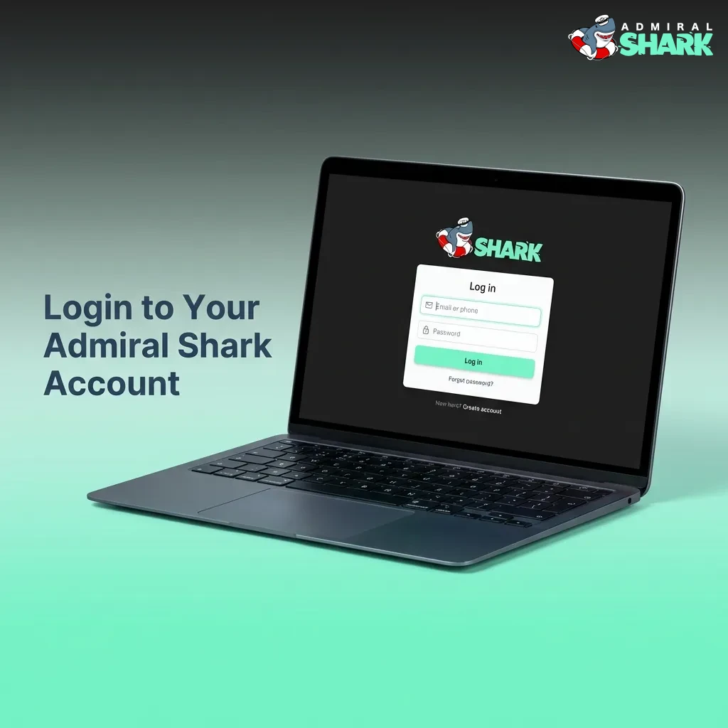 Admiral Shark login page showing email and password fields for returning players to access their account dashboard.