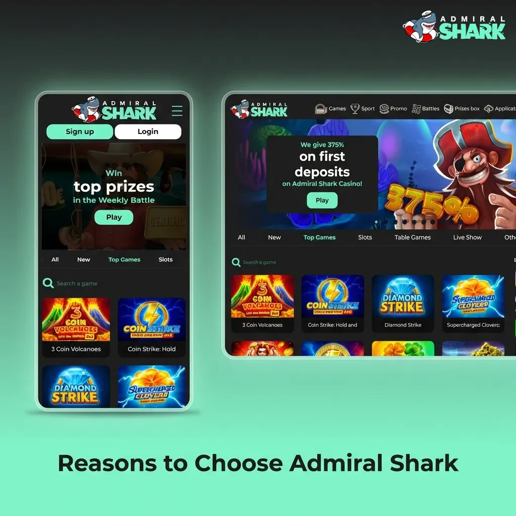 Admiral Shark betting platform interface showing live sports streaming, fast payouts, and mobile app features