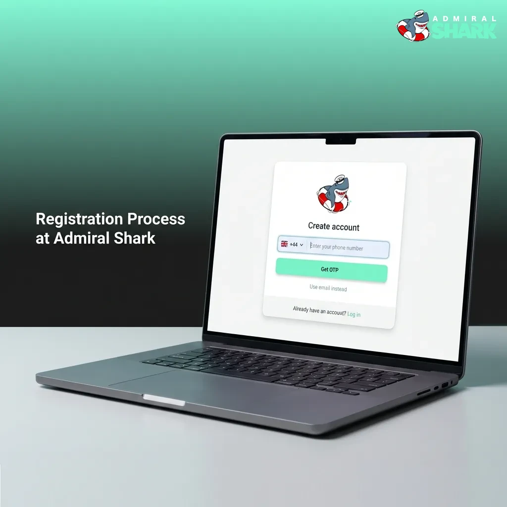 Admiral Shark registration screen showing sign-up form with email, password, and currency selection fields