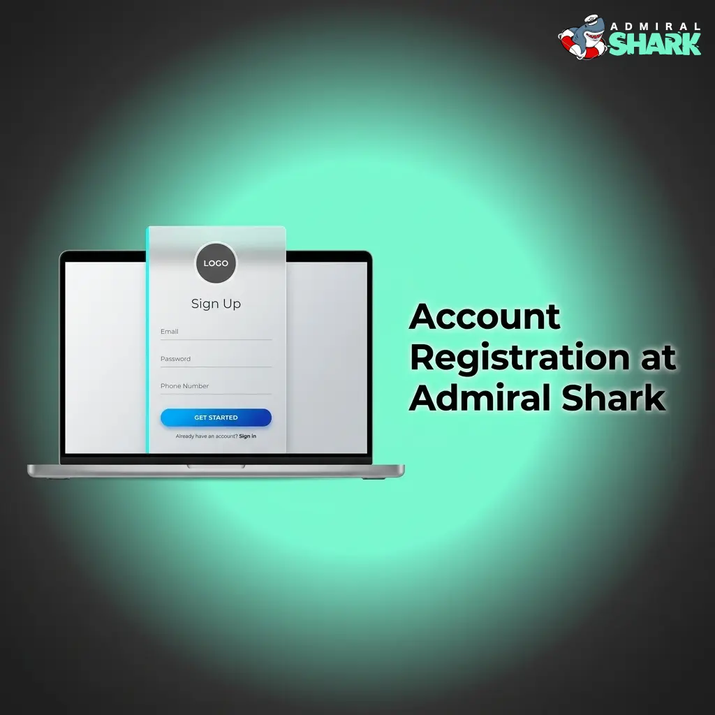 Admiral Shark account registration form showing sign-up steps and key requirements for new users