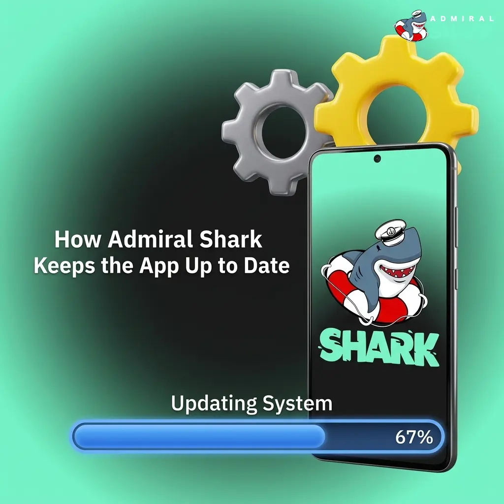 Admiral Shark app update process showing in-app alert notification on Android and automatic iOS PWA refresh on launch