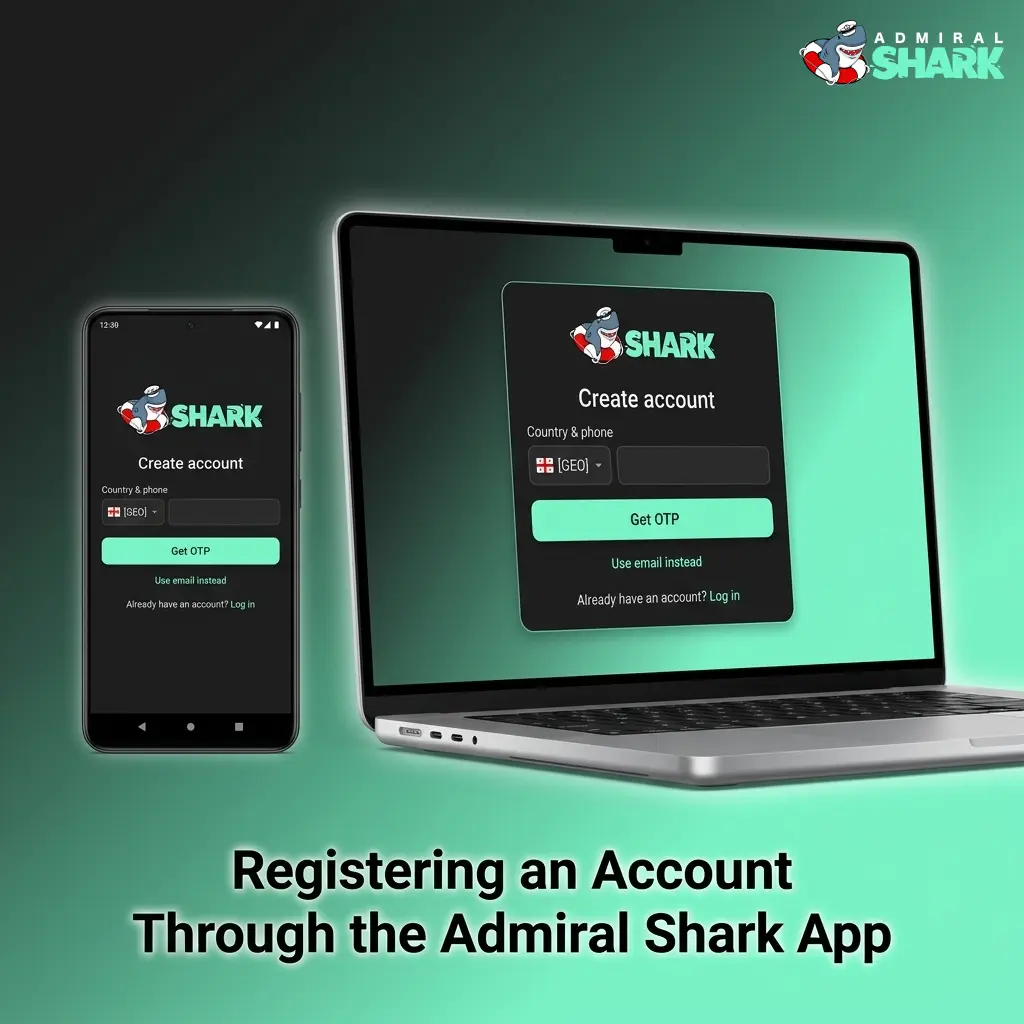 Admiral Shark app account registration form showing personal details, password setup, and 200% welcome bonus up to EUR 1,000